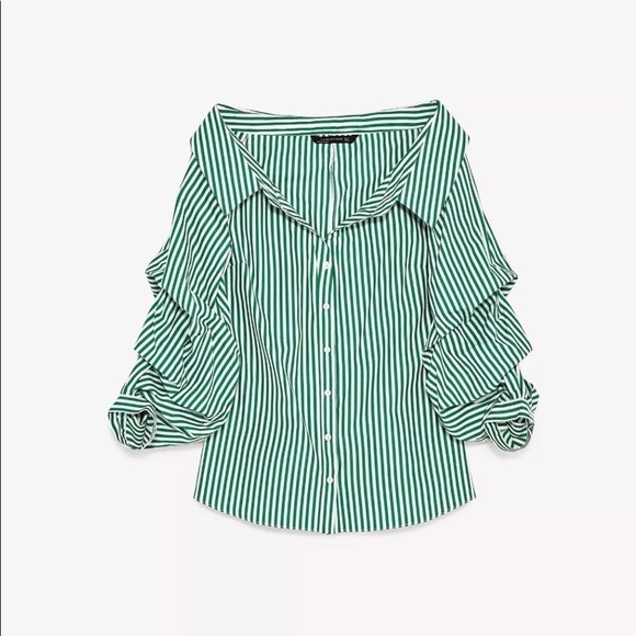 NWT Zara Green White Striped Open Neck Button Down - Picture 2 of 8